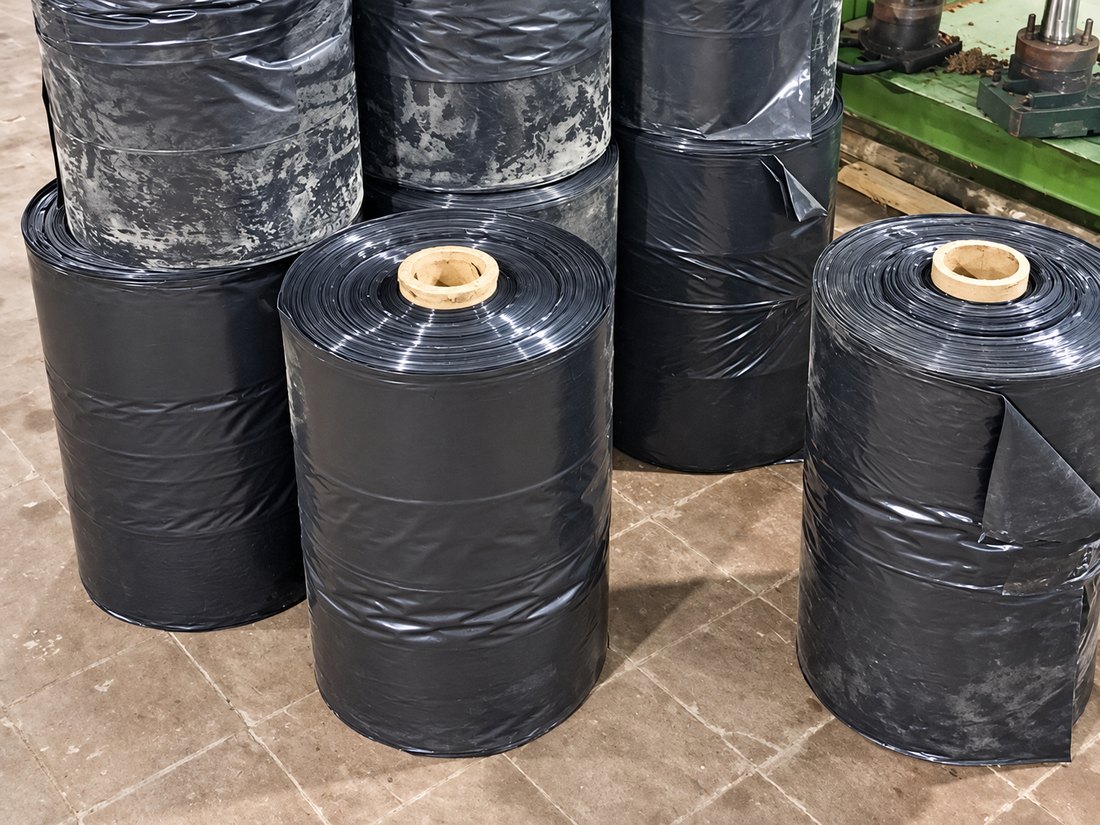 Rollos de polietileno negro apilados en la fábrica, con la máquina de fondo