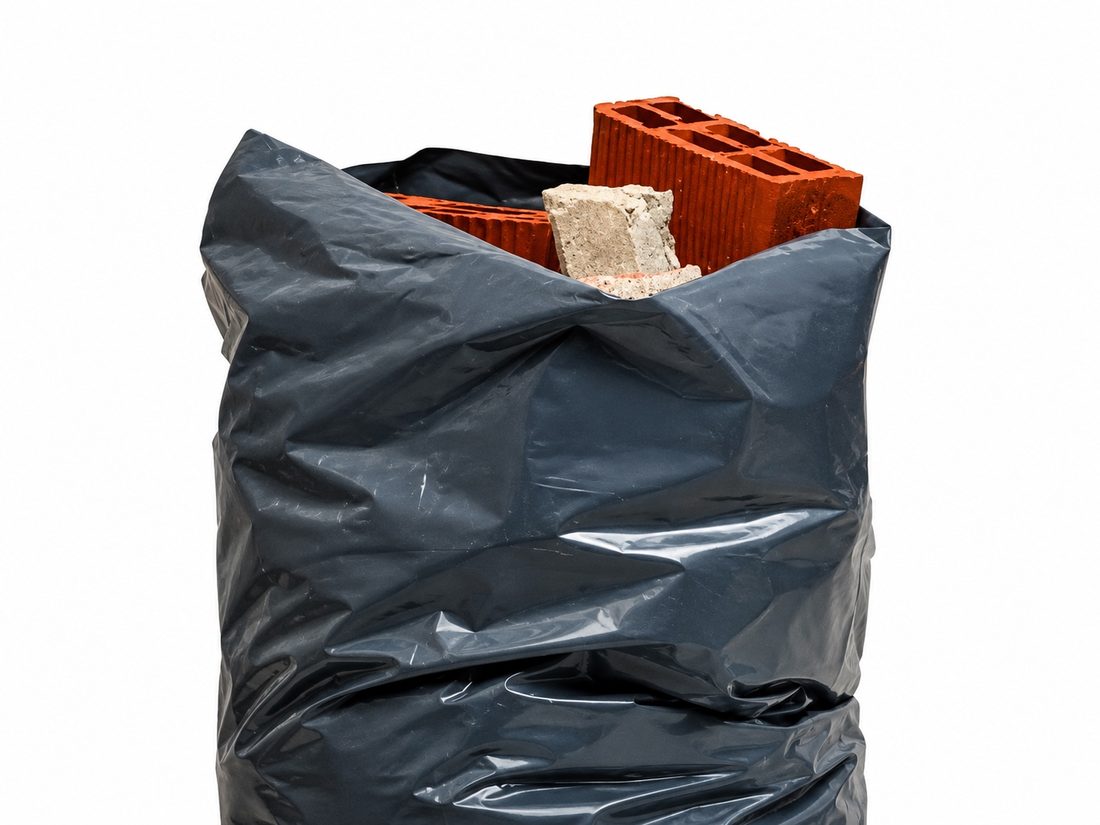 Bolsa azul para escombros de Derit Plast, con un ladrillo y una piedra